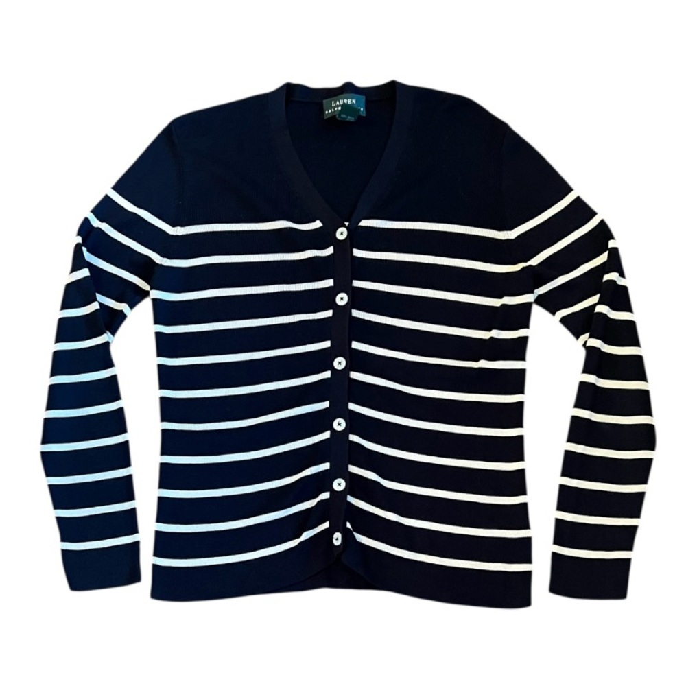 Lauren Ralph Lauren Women's Navy and Cream Striped Cardigan